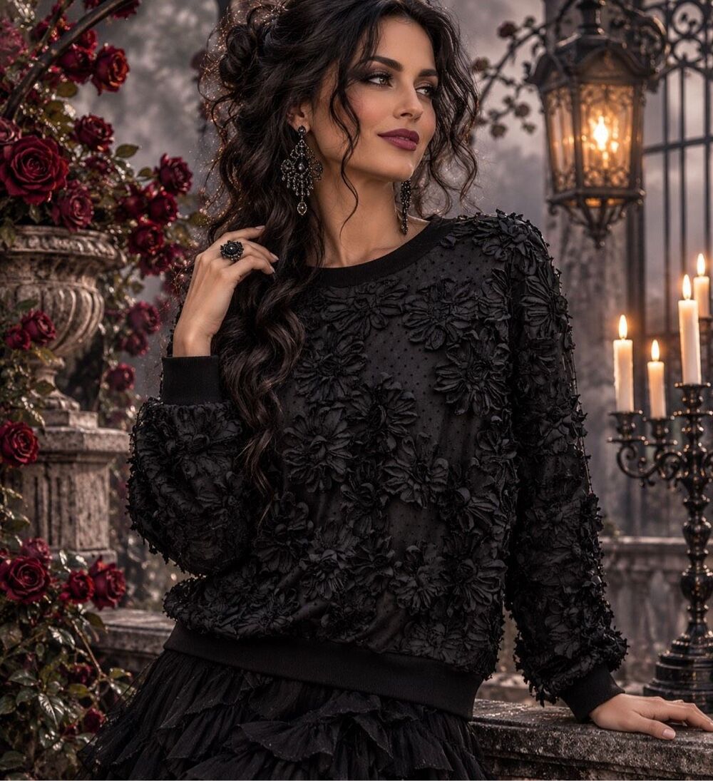 Pyramid Collection Floral Applique Soutache Polka Dot sweater whimsical Black sm